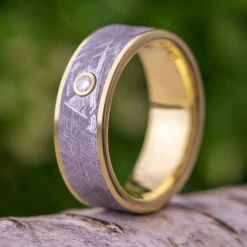 Meteorite Wedding Band With Bezel Set Stone