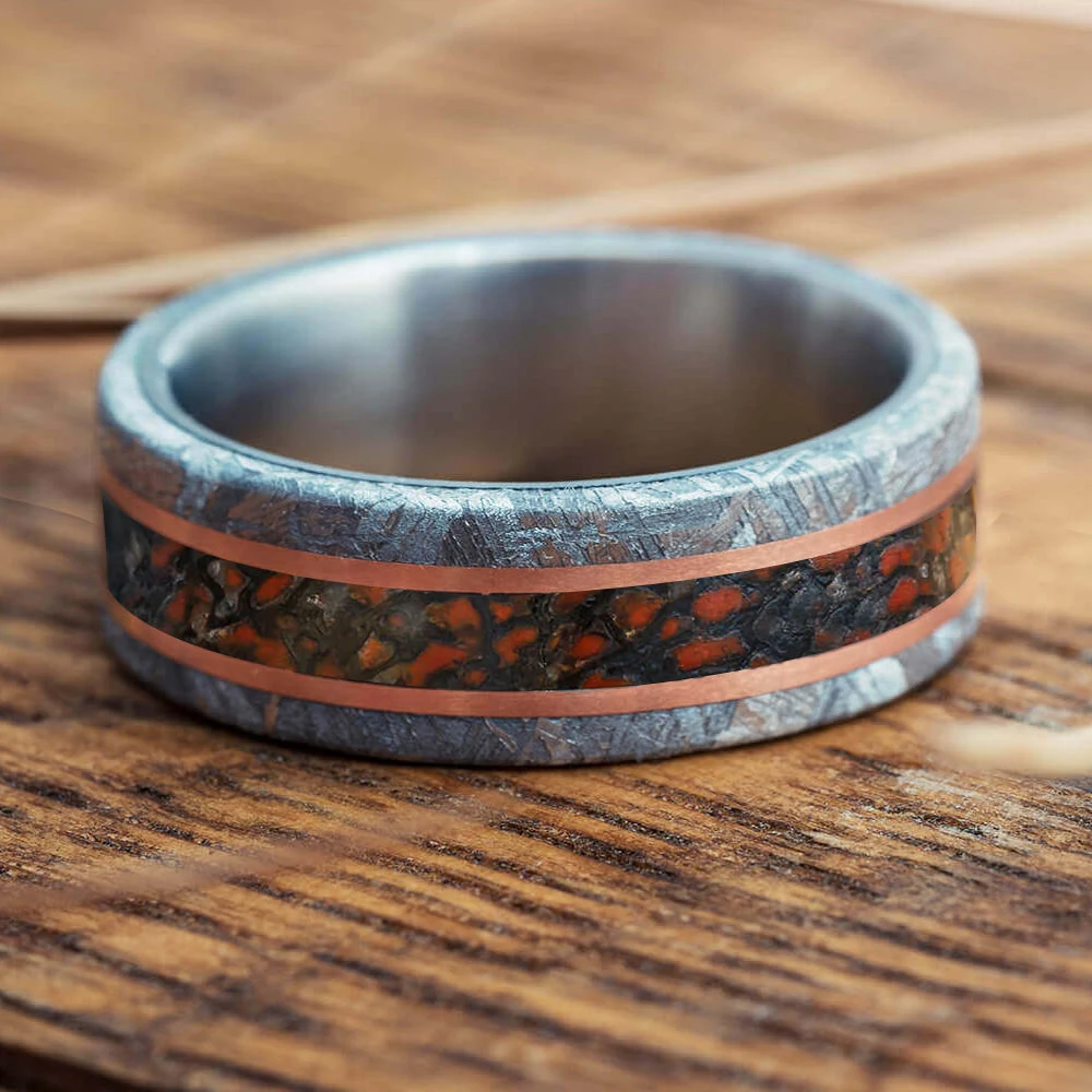 Dinosaur Bone And Meteorite Wedding Band With Gold Pinstripes 3 Dinosaur Bone And Meteorite Wedding Band With Gold Pinstripes
