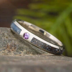 Dinosaur Bone Wedding Band With Flush Set Gemstone