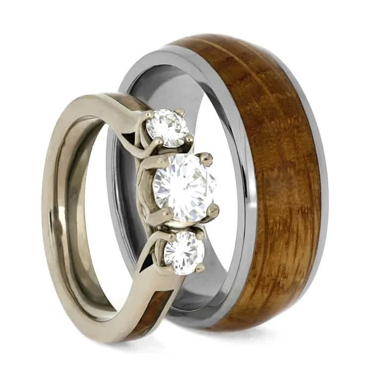 Wood Wedding Ring Set, White Gold And Titanium Rings 4 Wood Wedding Ring Set, White Gold And Titanium Rings - Image 2
