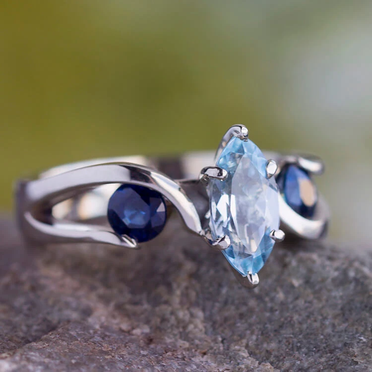 Marquise Cut Engagement Ring With Blue Stones 3 Marquise Cut Engagement Ring With Blue Stones