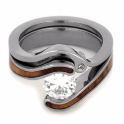 Moissanite And Wood Wedding Ring Set In Titanium -Johan Jewelry Shop 3046859196aa42ea4861b982c1b242cc