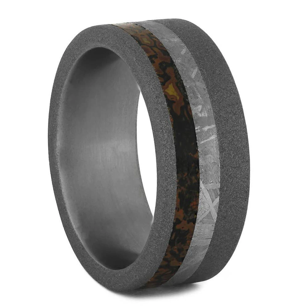 Meteorite And Dinosaur Bone Ring In Sandblasted Titanium 4 Meteorite And Dinosaur Bone Ring In Sandblasted Titanium - Image 2