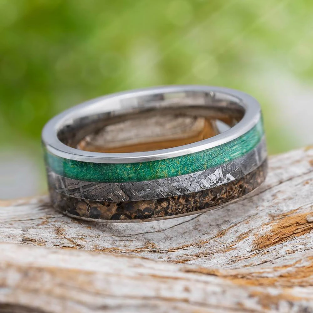 Meteorite, Dinosaur Bone & Green Wood Ring 3 Meteorite, Dinosaur Bone & Green Wood Ring