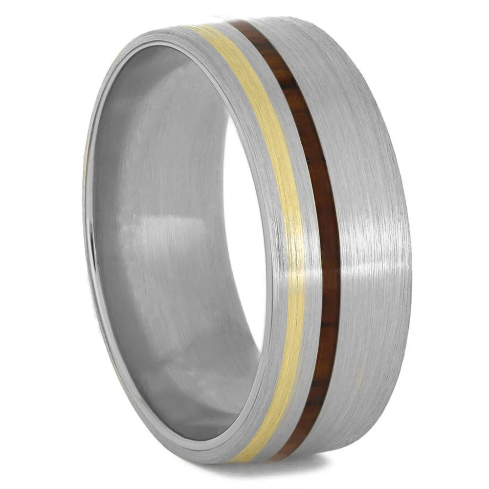 Brushed Titanium And Wood Ring With Gold Pinstripe 3 Brushed Titanium And Wood Ring With Gold Pinstripe