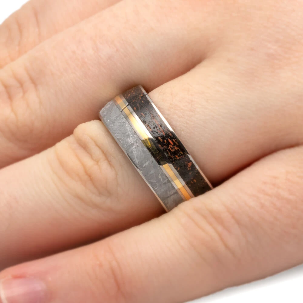 Meteorite & Dinosaur Bone Ring With Wood Sleeve And Gold Pinstripe 5 Meteorite & Dinosaur Bone Ring With Wood Sleeve And Gold Pinstripe - Image 3