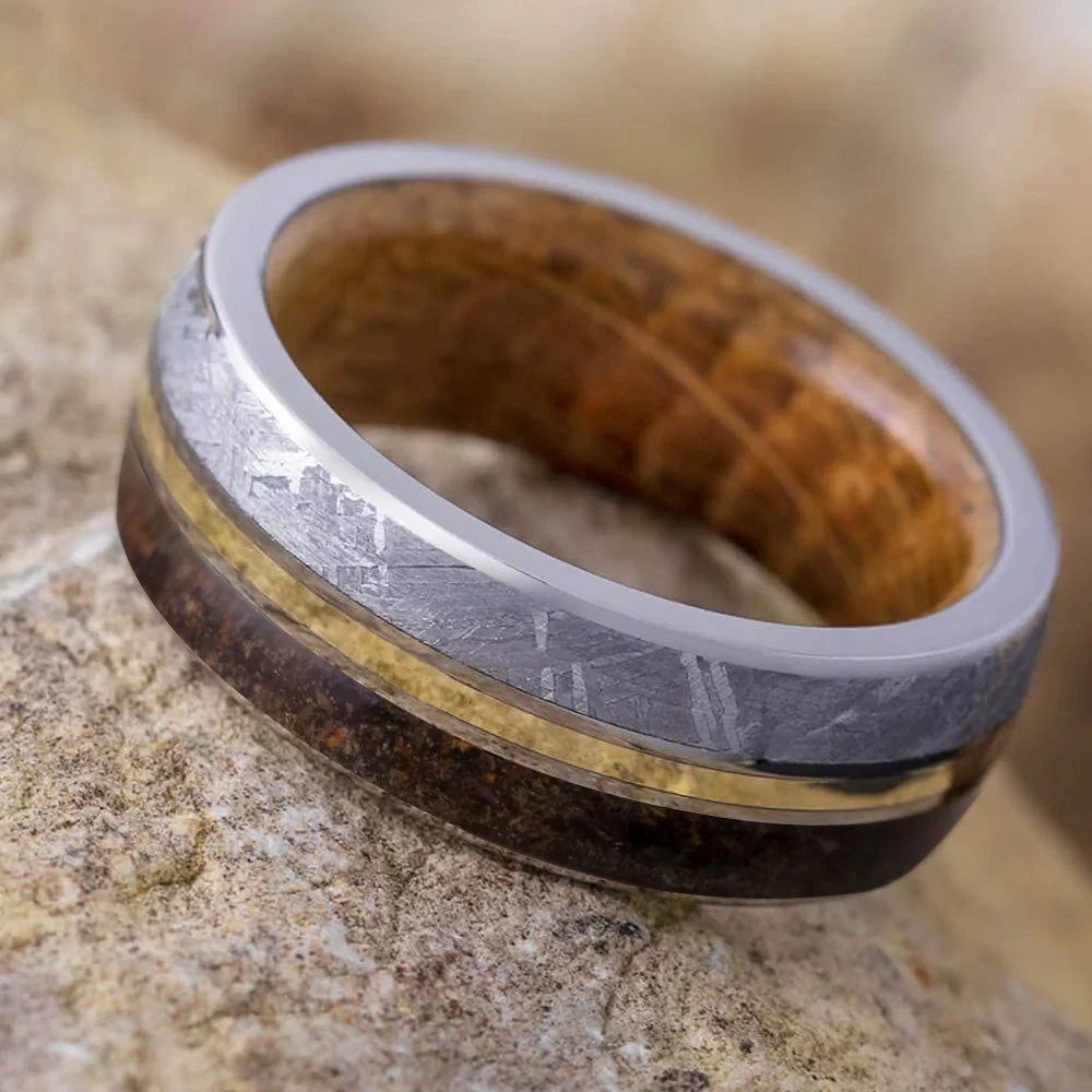 Meteorite & Dinosaur Bone Ring With Wood Sleeve And Gold Pinstripe 6 Meteorite & Dinosaur Bone Ring With Wood Sleeve And Gold Pinstripe - Image 4