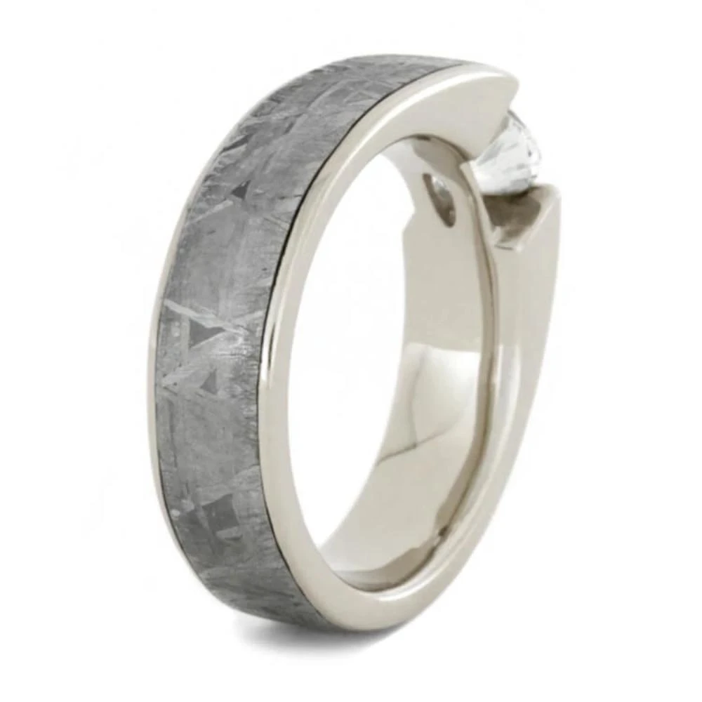 Tension Set White Sapphire Ring With Meteorite In White Gold 6 Tension Set White Sapphire Ring With Meteorite In White Gold - Image 4