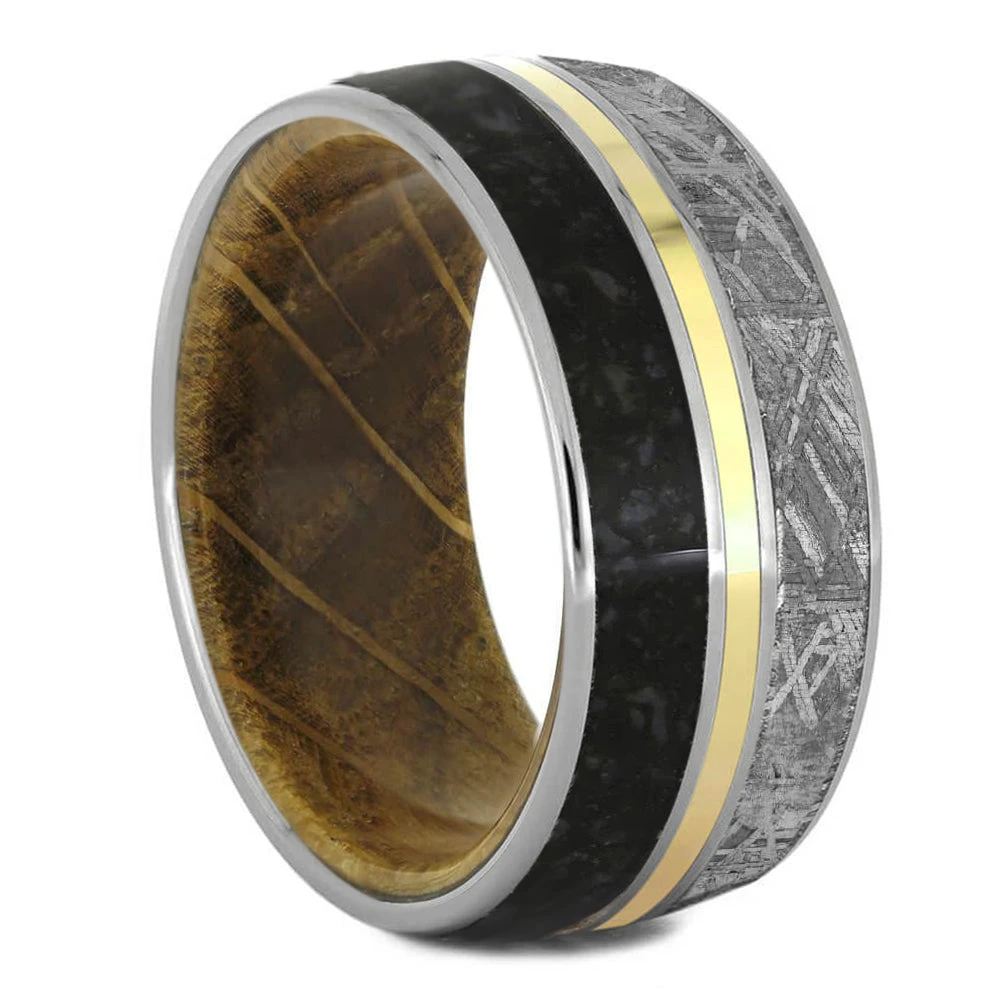 Meteorite & Dinosaur Bone Ring With Wood Sleeve And Gold Pinstripe 4 Meteorite & Dinosaur Bone Ring With Wood Sleeve And Gold Pinstripe - Image 2