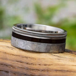 Guitar String Ring With Meteorite And Wood