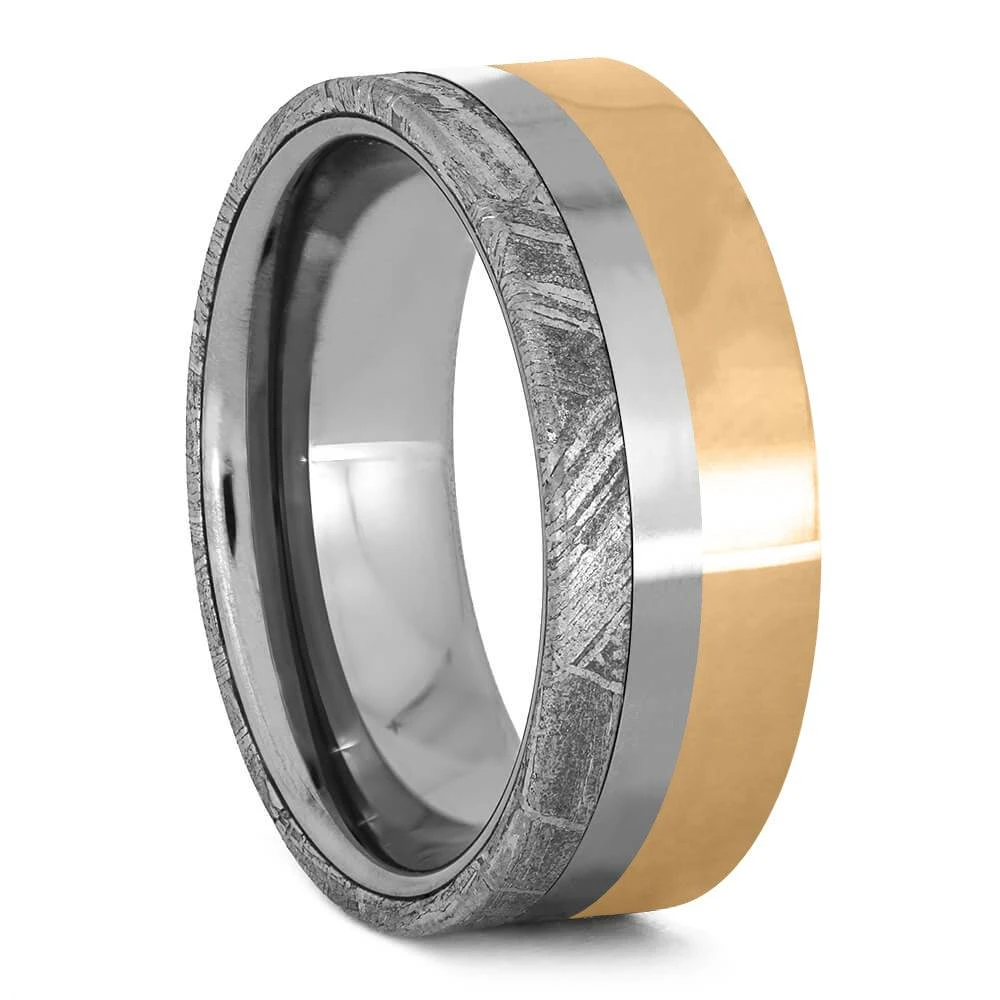 Mixed Metal Wedding Band With Tungsten, Solid Gold & Meteorite 4 Mixed Metal Wedding Band With Tungsten, Solid Gold & Meteorite - Image 2