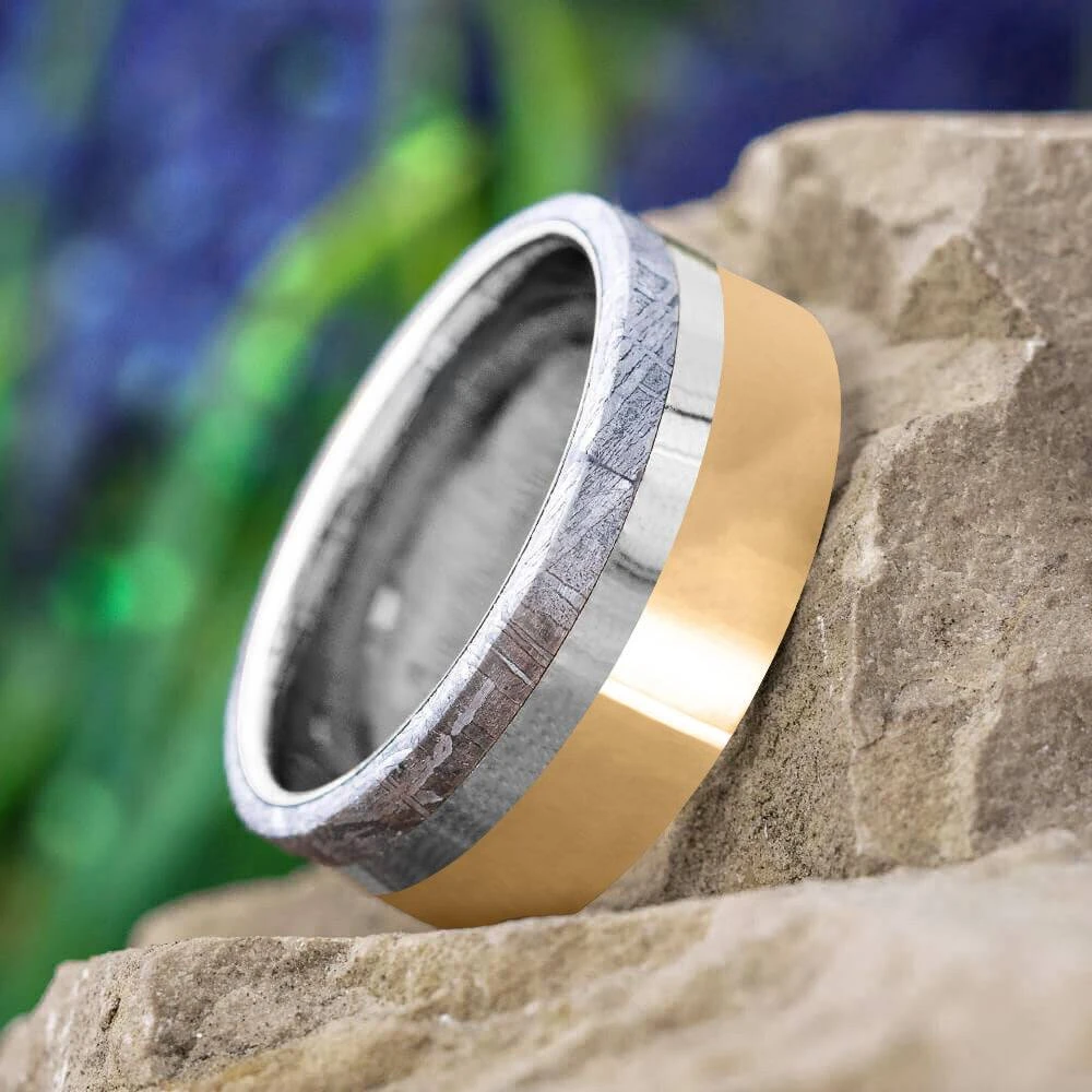 Mixed Metal Wedding Band With Tungsten, Solid Gold & Meteorite 3 Mixed Metal Wedding Band With Tungsten, Solid Gold & Meteorite
