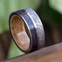 Meteorite Ring, Dinosaur Bone Wedding Band With Whiskey Barrel Sleeve -Johan Jewelry Shop 3426 A 1 CC