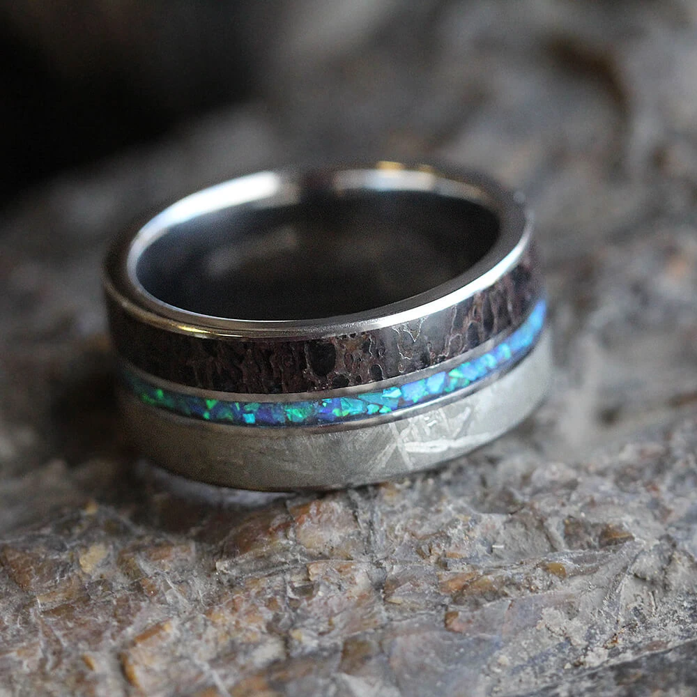 Opal Wedding Band, Meteorite And Dinosaur Bone Ring 8 Opal Wedding Band, Meteorite And Dinosaur Bone Ring - Image 6