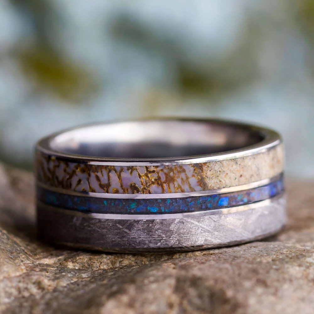 Opal Wedding Band, Meteorite And Dinosaur Bone Ring 9 Opal Wedding Band, Meteorite And Dinosaur Bone Ring - Image 7