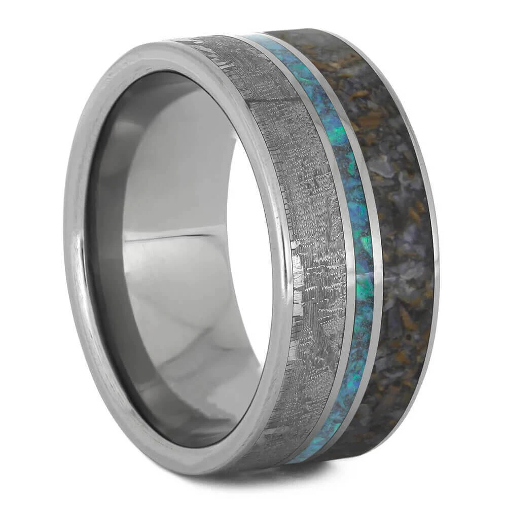 Opal Wedding Band, Meteorite And Dinosaur Bone Ring 6 Opal Wedding Band, Meteorite And Dinosaur Bone Ring - Image 4