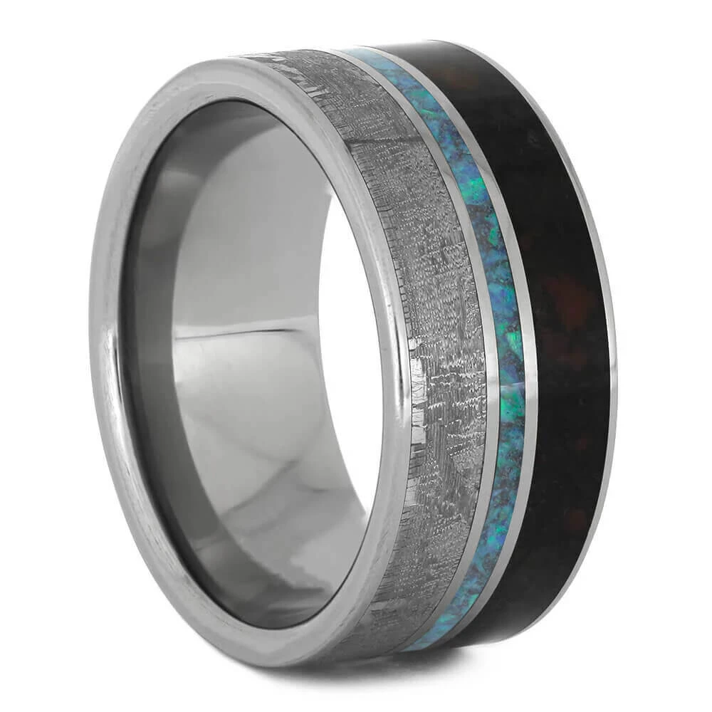 Opal Wedding Band, Meteorite And Dinosaur Bone Ring 4 Opal Wedding Band, Meteorite And Dinosaur Bone Ring - Image 2
