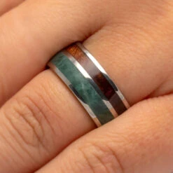 Jade Wedding Band With Natural Redwood, Titanium Ring With Pinstripe 9 Jade Wedding Band With Natural Redwood, Titanium Ring With Pinstripe -Johan Jewelry Shop 3487 Handshot