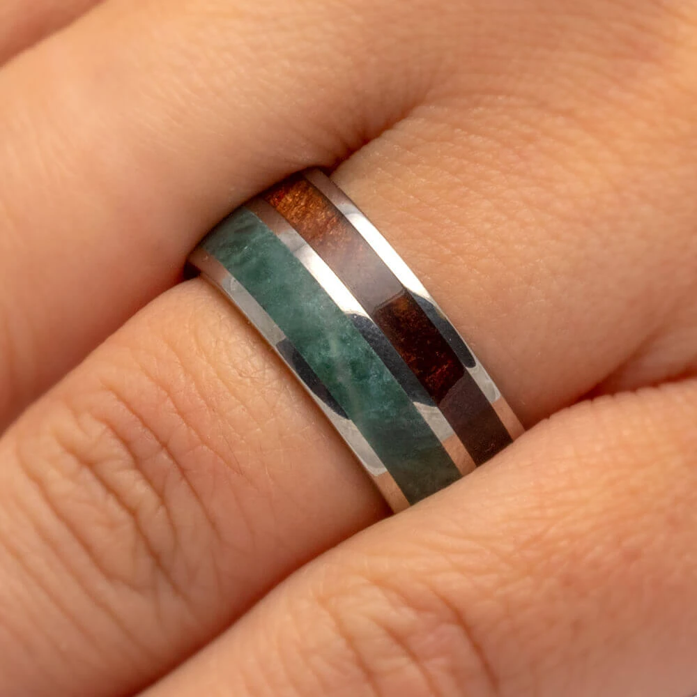 Jade Wedding Band With Natural Redwood, Titanium Ring With Pinstripe 6 Jade Wedding Band With Natural Redwood, Titanium Ring With Pinstripe - Image 4