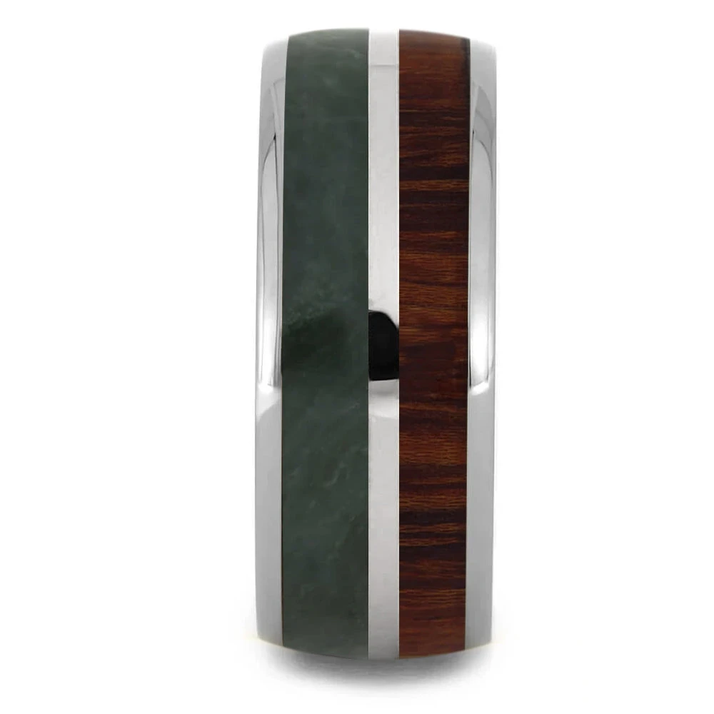 Jade Wedding Band With Natural Redwood, Titanium Ring With Pinstripe 5 Jade Wedding Band With Natural Redwood, Titanium Ring With Pinstripe - Image 3