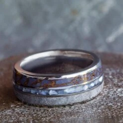 Mother Of Pearl Wedding Band, Men's Meteorite Ring With Dinosaur Bone