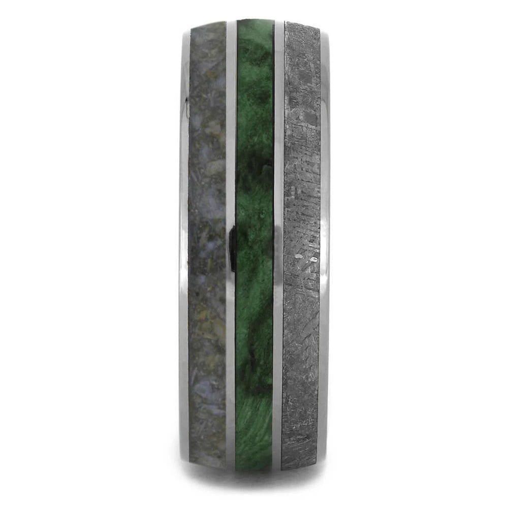 Meteorite, Green Wood & Dinosaur Bone Wedding Band 5 Meteorite, Green Wood & Dinosaur Bone Wedding Band - Image 3