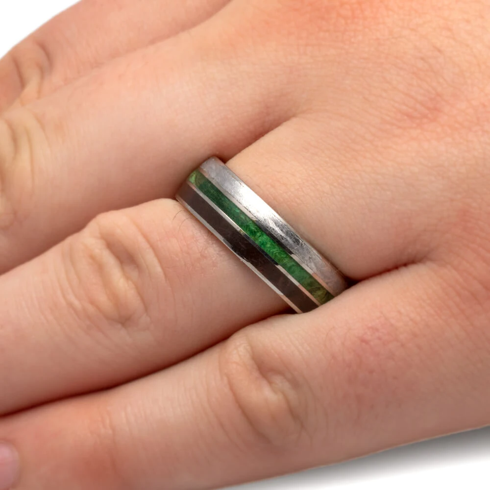 Meteorite, Green Wood & Dinosaur Bone Wedding Band 6 Meteorite, Green Wood & Dinosaur Bone Wedding Band - Image 4
