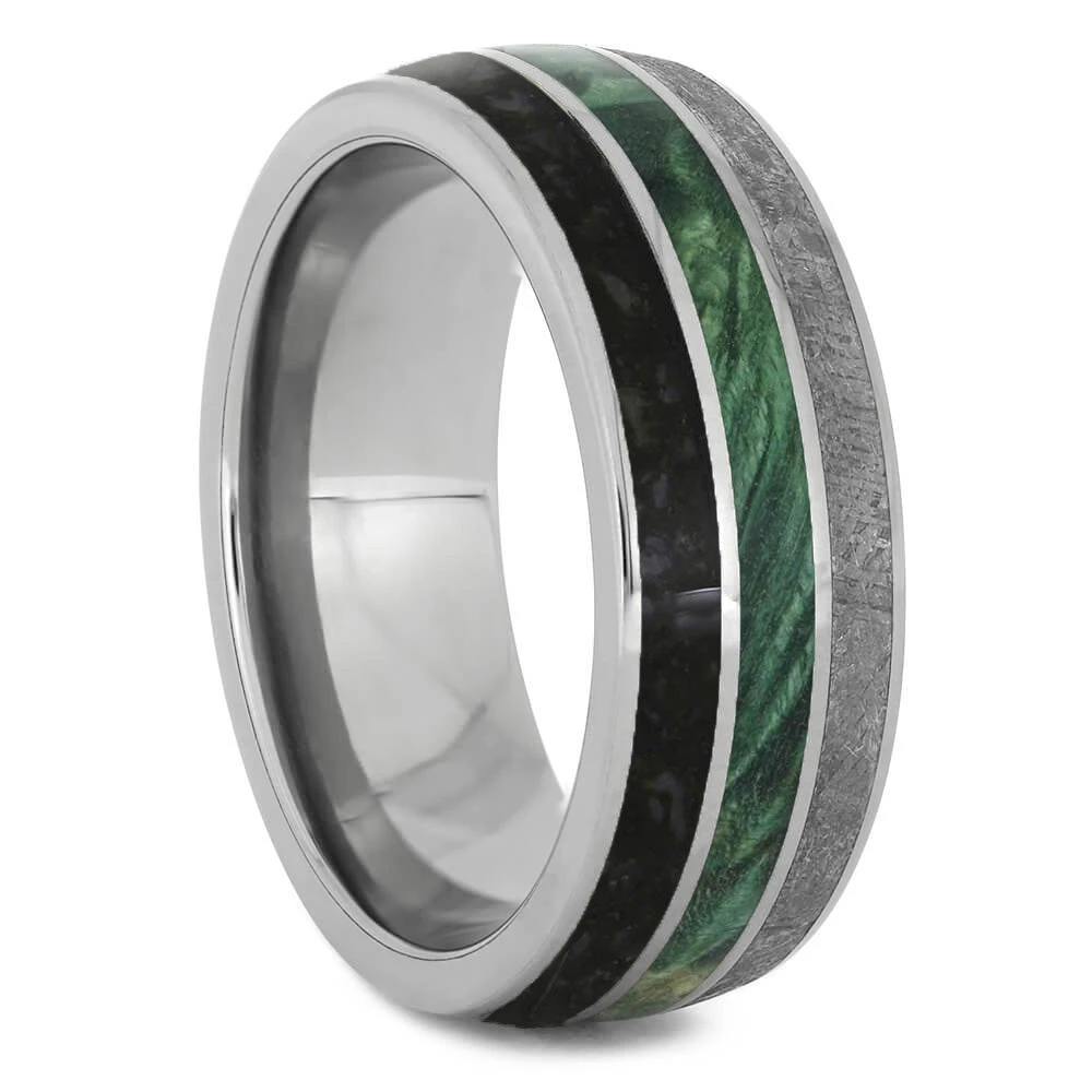 Meteorite, Green Wood & Dinosaur Bone Wedding Band 4 Meteorite, Green Wood & Dinosaur Bone Wedding Band - Image 2