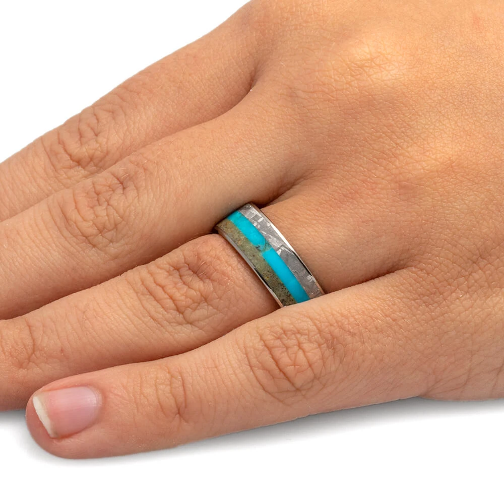 Turquoise, Meteorite & Dinosaur Bone Men's Wedding Band 8 Turquoise, Meteorite & Dinosaur Bone Men's Wedding Band - Image 6