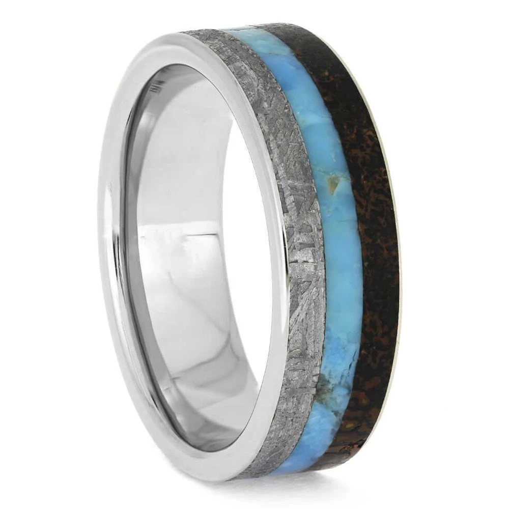 Turquoise, Meteorite & Dinosaur Bone Men's Wedding Band 4 Turquoise, Meteorite & Dinosaur Bone Men's Wedding Band - Image 2