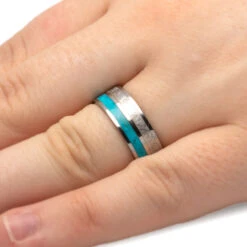 Crushed Turquoise Men's Wedding Band With Gibeon Meteorite -Johan Jewelry Shop 3550 Handshot