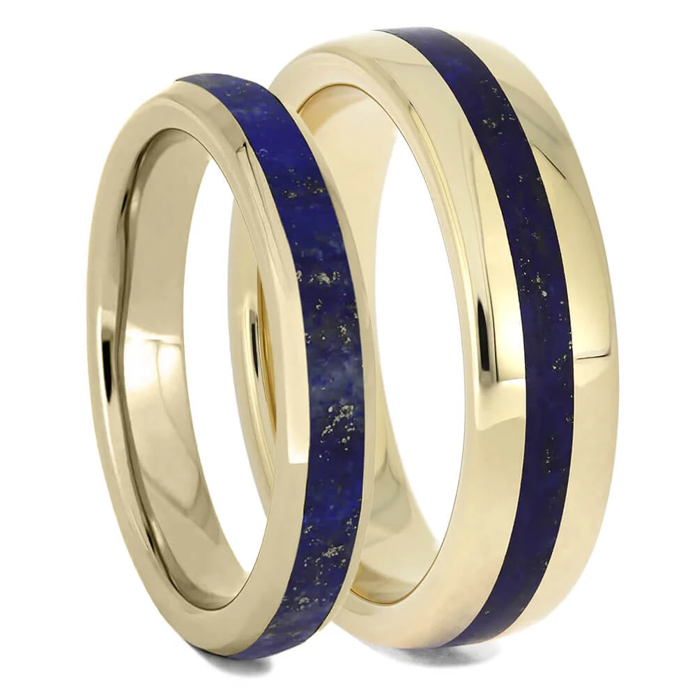 Lapis Lazuli Wedding Band Set, 14k Yellow Gold Matching Rings 4 Lapis Lazuli Wedding Band Set, 14k Yellow Gold Matching Rings - Image 2