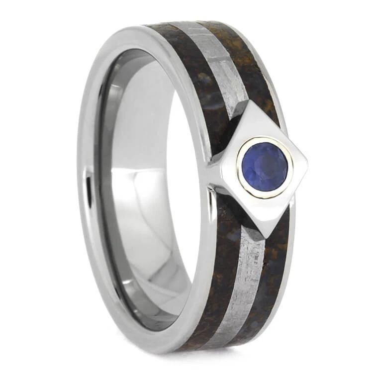 Meteor Engagement Ring With Sapphire, Titanium Ring Inlaid With Dinosaur Bone 4 Meteor Engagement Ring With Sapphire, Titanium Ring Inlaid With Dinosaur Bone - Image 2