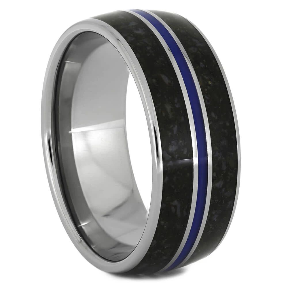 Crushed Dinosaur Bone Wedding Band With Blue Enamel 4 Crushed Dinosaur Bone Wedding Band With Blue Enamel - Image 2