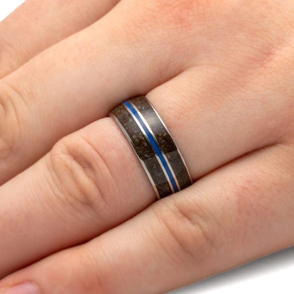 Crushed Dinosaur Bone Wedding Band With Blue Enamel 8 Crushed Dinosaur Bone Wedding Band With Blue Enamel - Image 6
