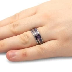 Tungsten Ring With Purple Wood & Gold Pinstripe -Johan Jewelry Shop 3617 Handshot