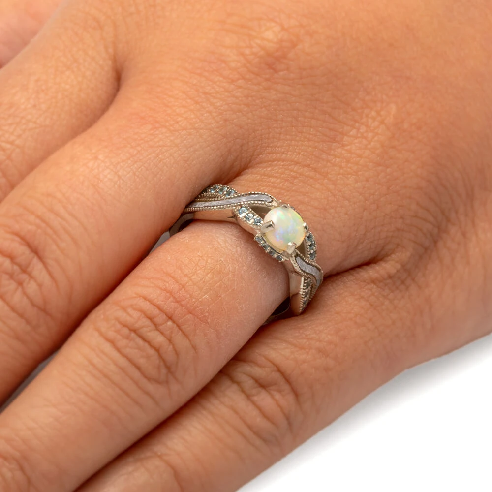 Opal Engagement Ring With Twist Band Featuring Diamond Accents And Meteorite Inlay 8 Opal Engagement Ring With Twist Band Featuring Diamond Accents And Meteorite Inlay - Image 6