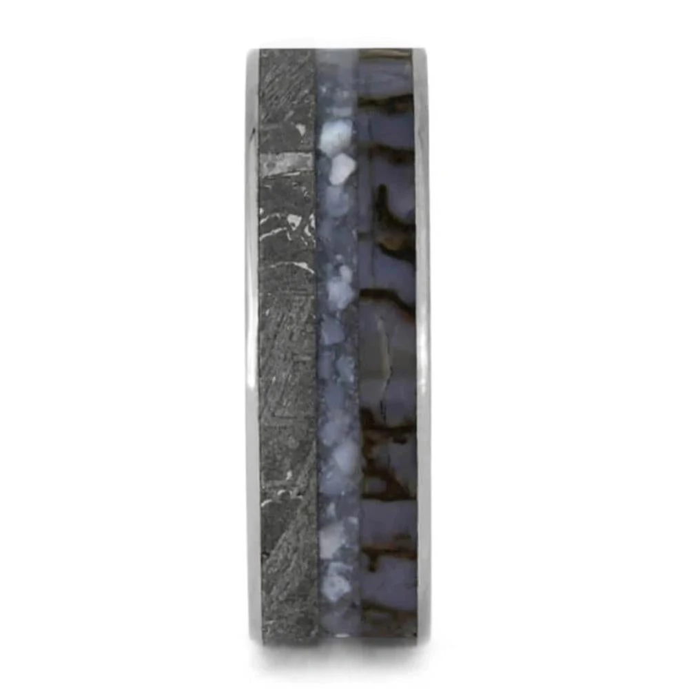 Pearl Men's Wedding Band With Dinosaur Bone & Meteorite 5 Pearl Men's Wedding Band With Dinosaur Bone & Meteorite - Image 3