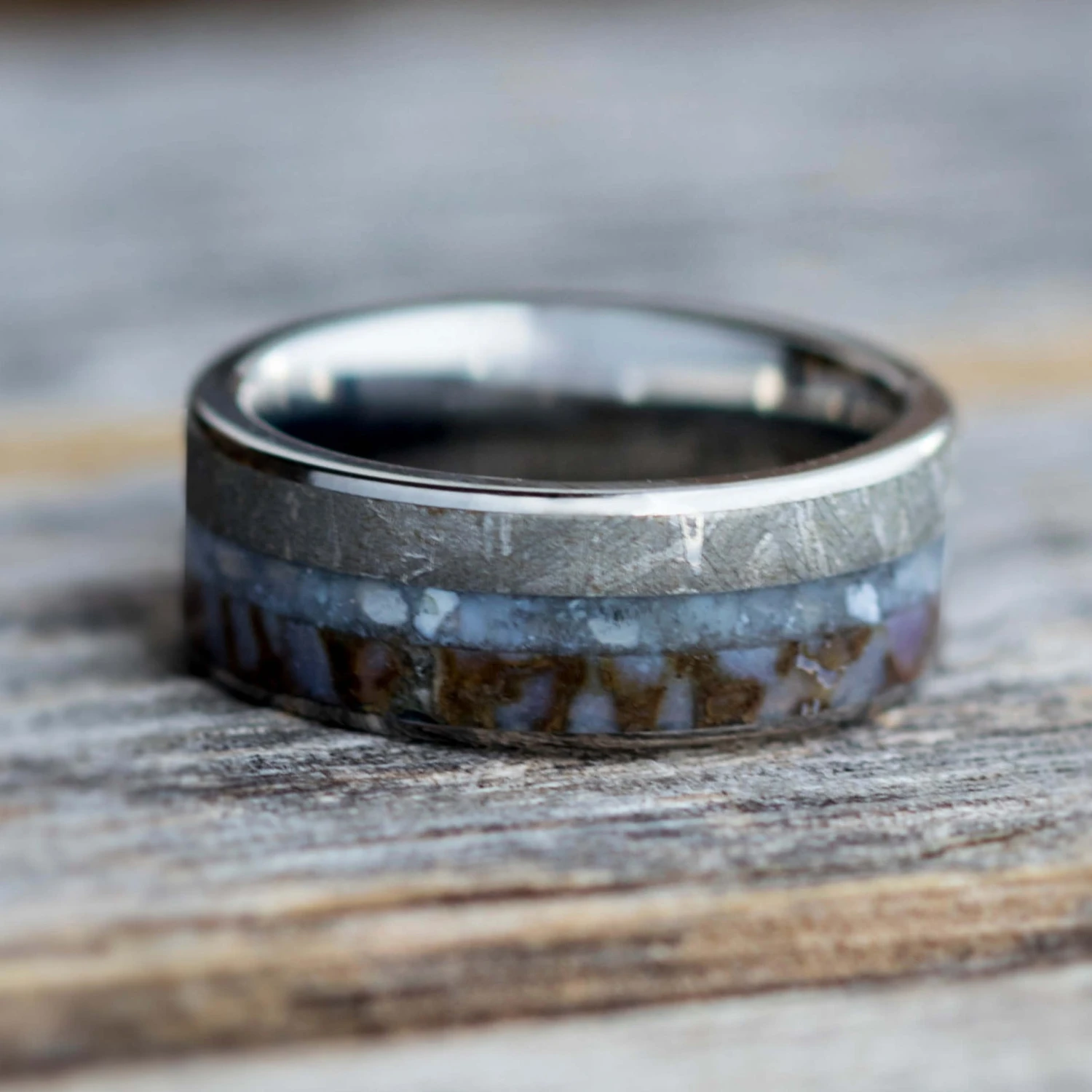 Pearl Men's Wedding Band With Dinosaur Bone & Meteorite 7 Pearl Men's Wedding Band With Dinosaur Bone & Meteorite - Image 5