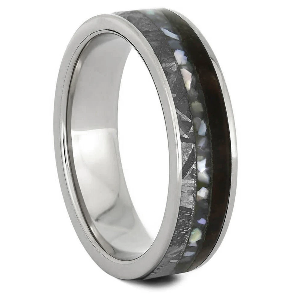 Pearl Men's Wedding Band With Dinosaur Bone & Meteorite 4 Pearl Men's Wedding Band With Dinosaur Bone & Meteorite - Image 2