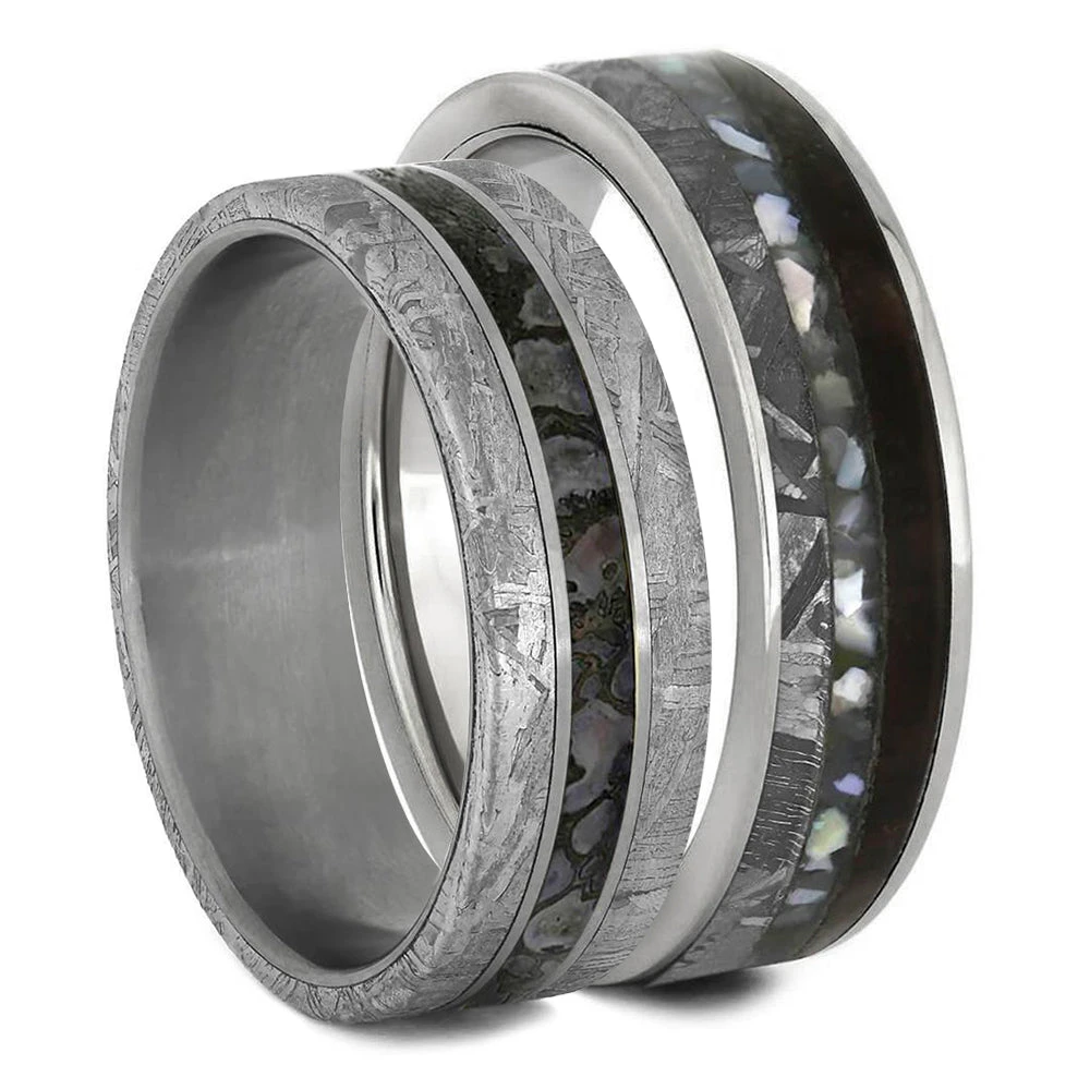 Matching Wedding Band Set With Meteorite And Dinosaur Bone 4 Matching Wedding Band Set With Meteorite And Dinosaur Bone - Image 2
