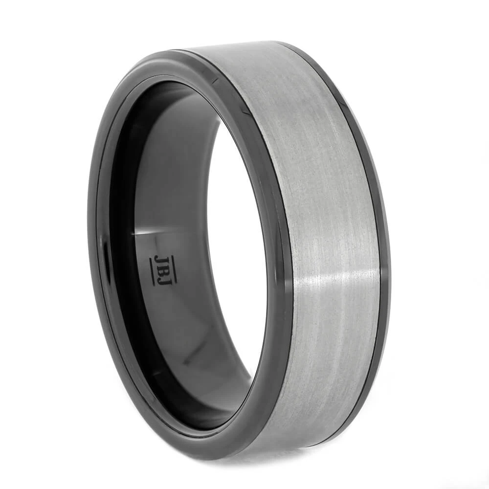 Black Ceramic & Brushed Titanium Men's Wedding Band 4 Black Ceramic & Brushed Titanium Men's Wedding Band - Image 2