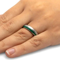 Unique Men's Wedding Band With Meteorite, Ironwood Sleeve And Malachite -Johan Jewelry Shop 3787 Handshot