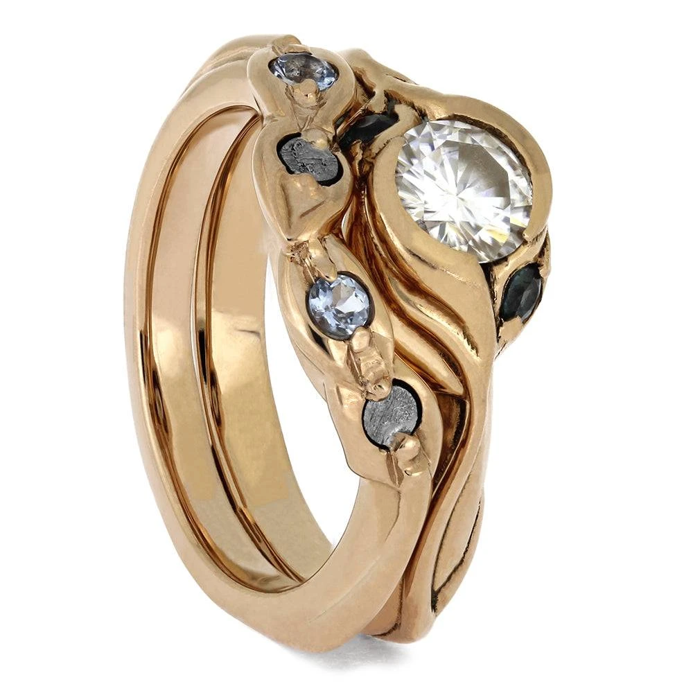 Unique Nature Inspired Bridal Set, Bezel Set Engagement Ring 4 Unique Nature Inspired Bridal Set, Bezel Set Engagement Ring - Image 2