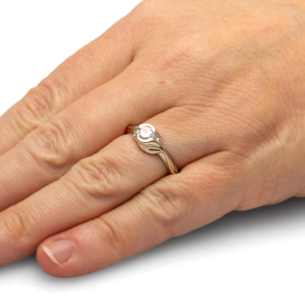 Three Stone Engagement Ring With Custom Leaf Pattern 8 Three Stone Engagement Ring With Custom Leaf Pattern - Image 6