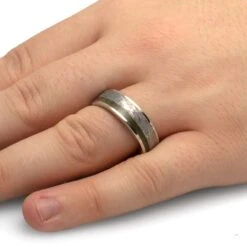 Gibeon Meteorite Ring With Green Jade, Whiskey Barrel Wedding Band -Johan Jewelry Shop 3824Handshot