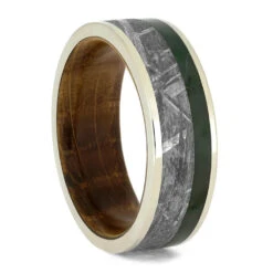 Gibeon Meteorite Ring With Green Jade, Whiskey Barrel Wedding Band -Johan Jewelry Shop 3824 Chin 1