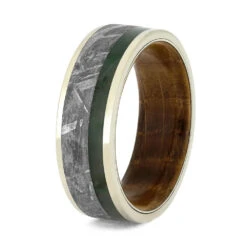 Gibeon Meteorite Ring With Green Jade, Whiskey Barrel Wedding Band -Johan Jewelry Shop 3824 Chin 3