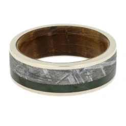 Gibeon Meteorite Ring With Green Jade, Whiskey Barrel Wedding Band -Johan Jewelry Shop 3824 Chin 4