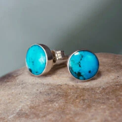 Genuine Turquoise Stud Earrings In Sterling Silver -Johan Jewelry Shop 3854